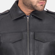 
Black Calfskin leather Jacket - Back View Showing Tailored Shoulder Fit & Clean Hemline