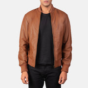 
Men's Shane Brown Leather Bomber Jacket in Brown Sheepskin Leather - Front Profile View & Tailored Silhouette | Buy Online
