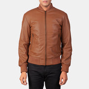 
Close-Up Detail of Varsity & Zipper Hardware on Men's Shane Brown Leather Bomber Jacket