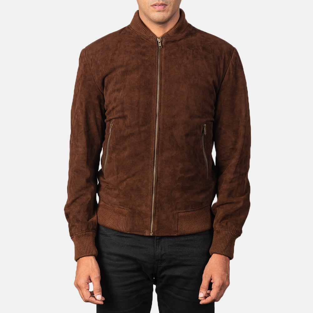 Close-Up Detail of Varsity &amp; Zipper Hardware on Men's Shane Dark Mocha Brown Suede Bomber Jacket