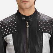 Close-Up Detail of Band with snap button &amp; Zipper Hardware on Shapron Studded Leather Biker Jacket