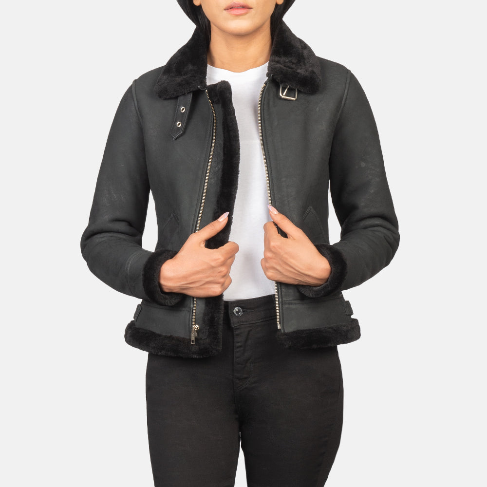 Women's Sherilyn B-3 Distressed Black Leather Bomber Jacket in Distressed Black Sheepskin Snuffed - Front Profile View & Tailored Silhouette | Buy Online