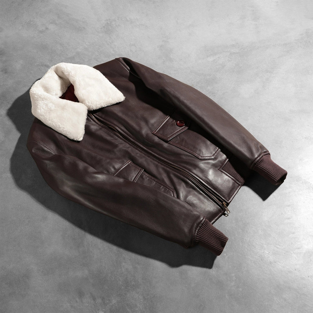 Rib Knit &amp; Hem Craftsmanship Construction Detail on Women's Stella G-1 Maroon Leather Bomber Jacket