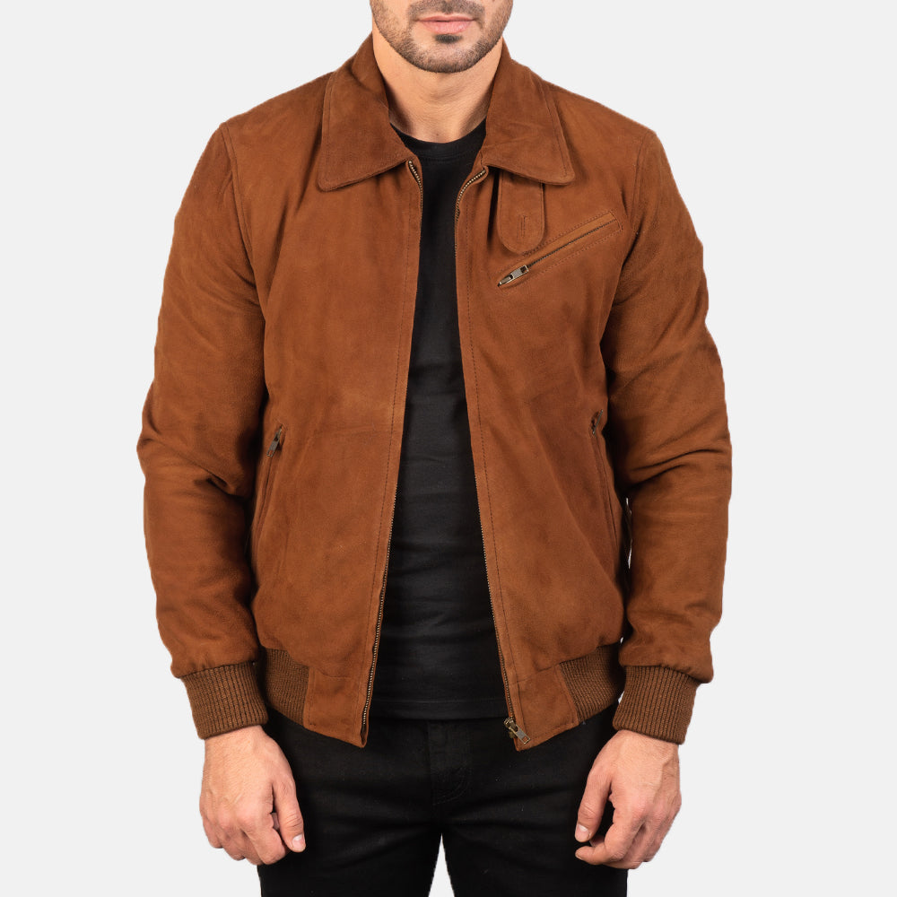 Men's Tomchi Tan Suede Leather Jacket in Brown Goatskin Suede - Front Profile View &amp; Tailored Silhouette | Buy Online