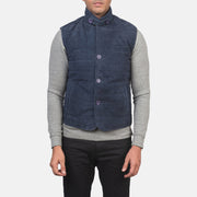 Close-Up Detail of Notch with removable throat latch &amp; Button Hardware on Men's Tony Blue Suede Vest