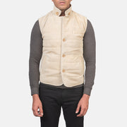 Close-Up Detail of Notch with removable throat latch &amp; Button Hardware on Men's Tony Off-White Suede Vest