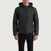 
Close-Up Detail of Classic Collar & Zipper Hardware on Tyler Black Hooded Puffer Jacket