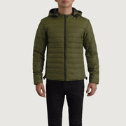 Close-Up Detail of Classic Collar &amp; Zipper Hardware on Tyler Green Hooded Puffer Jacket