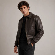 Dark Brown Authentic Sheepskin &amp;Amp; Shearling Bomber Jacket - Back View Showing Tailored Shoulder Fit &amp; Clean Hemline
