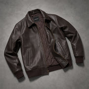 Tailored Rib Cuffs &amp; Hem Craftsmanship Construction Detail on Dark Brown Sheepskin Leather Bomber Jacket