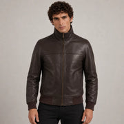 Dark Brown Sheepskin Leather Bomber Jacket in Dark Brown Authentic Sheepskin &amp;Amp; Shearling - Front Profile View &amp; Tailored Silhouette | Buy Online