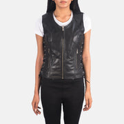 
Close-Up Detail of V-neck & Zipper Hardware on Women's Vanda Black Leather Biker Vest