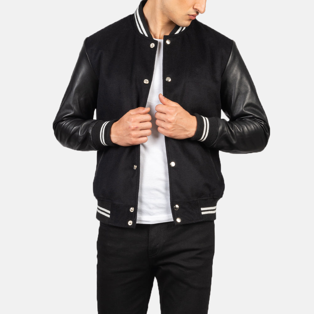 
Men's Vaxton Black Striped Hybrid Varsity Jacket in Black Sheepskin Leather - Front Profile View & Tailored Silhouette | Buy Online