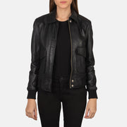 Women's Westa A-2 Black Leather Bomber Jacket in Black Sheepskin Leather - Front Profile View &amp; Tailored Silhouette | Buy Online