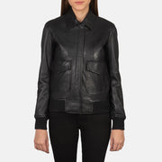 Close-Up Detail of Shirt &amp; Zipper with Button Flap Hardware on Women's Westa A-2 Black Leather Bomber Jacket