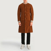 Wilde Brown Suede Varsity Coat - Lateral Side Profile View Showing Sleeve Cut &amp; Athletic Taper Fit