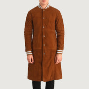 Close-Up Detail of Varsity collar &amp; Snap Button button Hardware on Wilde Brown Suede Varsity Coat