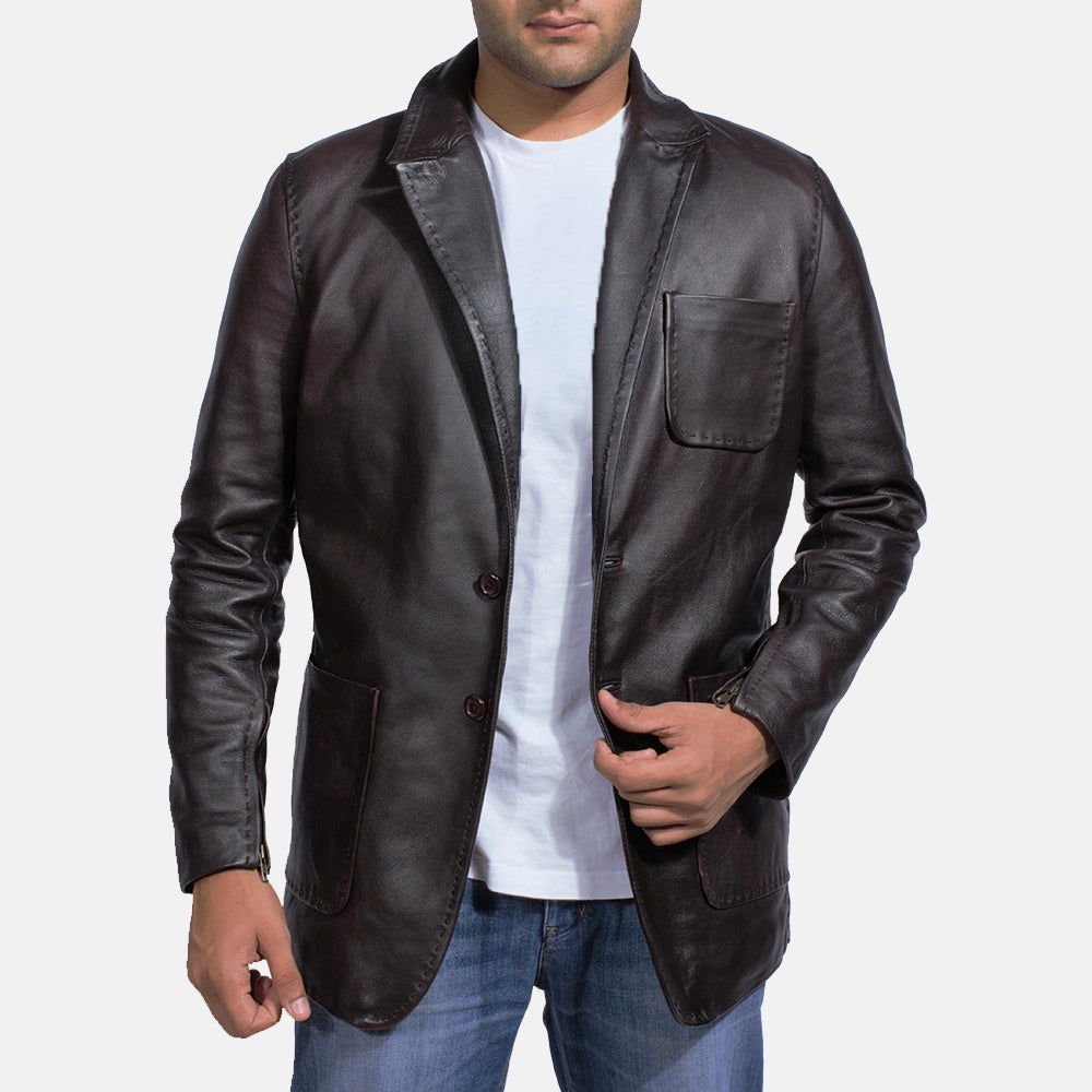 
Dark Brown Cow Hide leather Blazer - Back View Showing Tailored Shoulder Fit & Clean Hemline