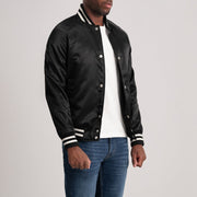 Black Satin Varsity Jacket - Back View Showing Tailored Shoulder Fit & Clean Hemline