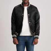 Xander Black Varsity Jacket - Lateral Side Profile View Showing Sleeve Cut & Athletic Taper Fit